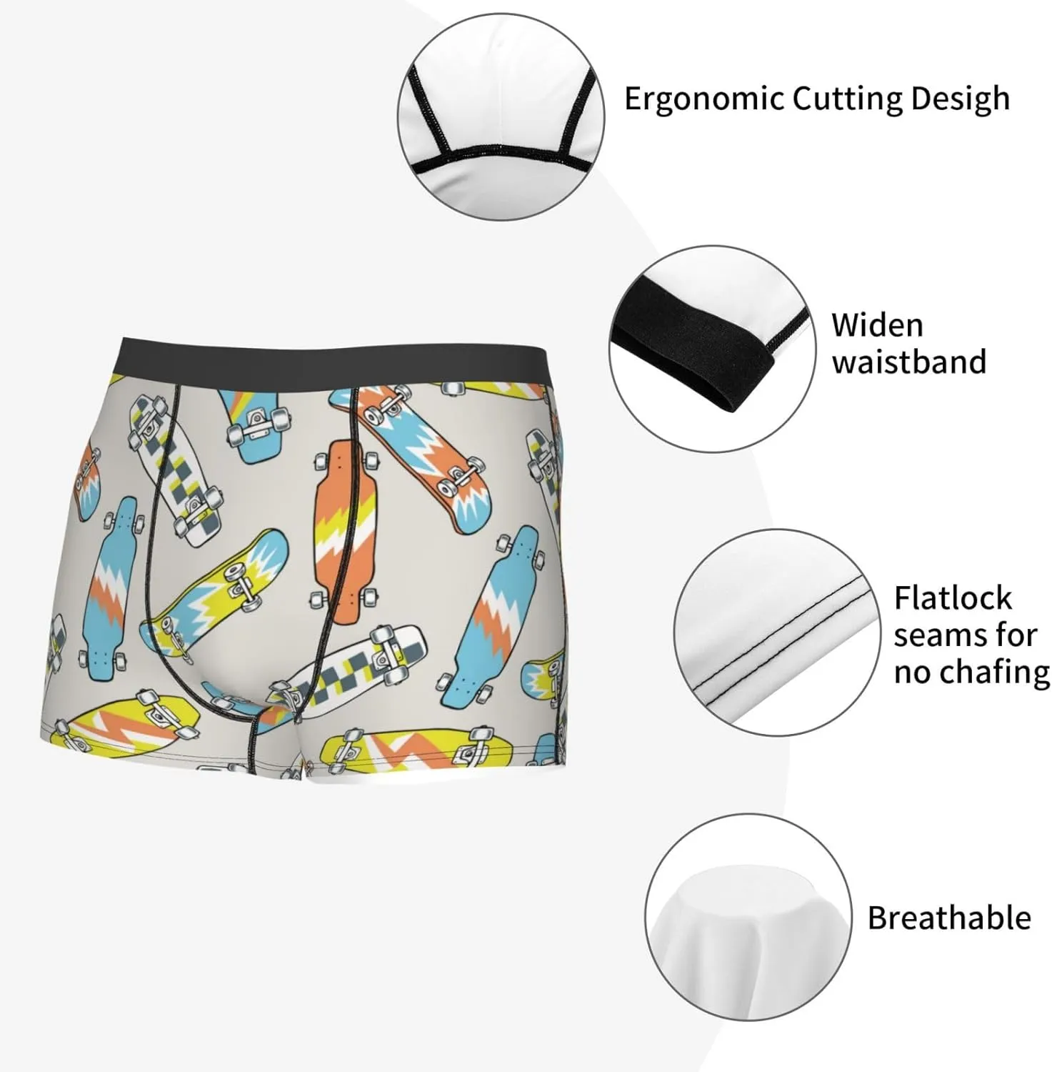 Skateboard Print Boxer Briefs For Men Breathable Underwear-