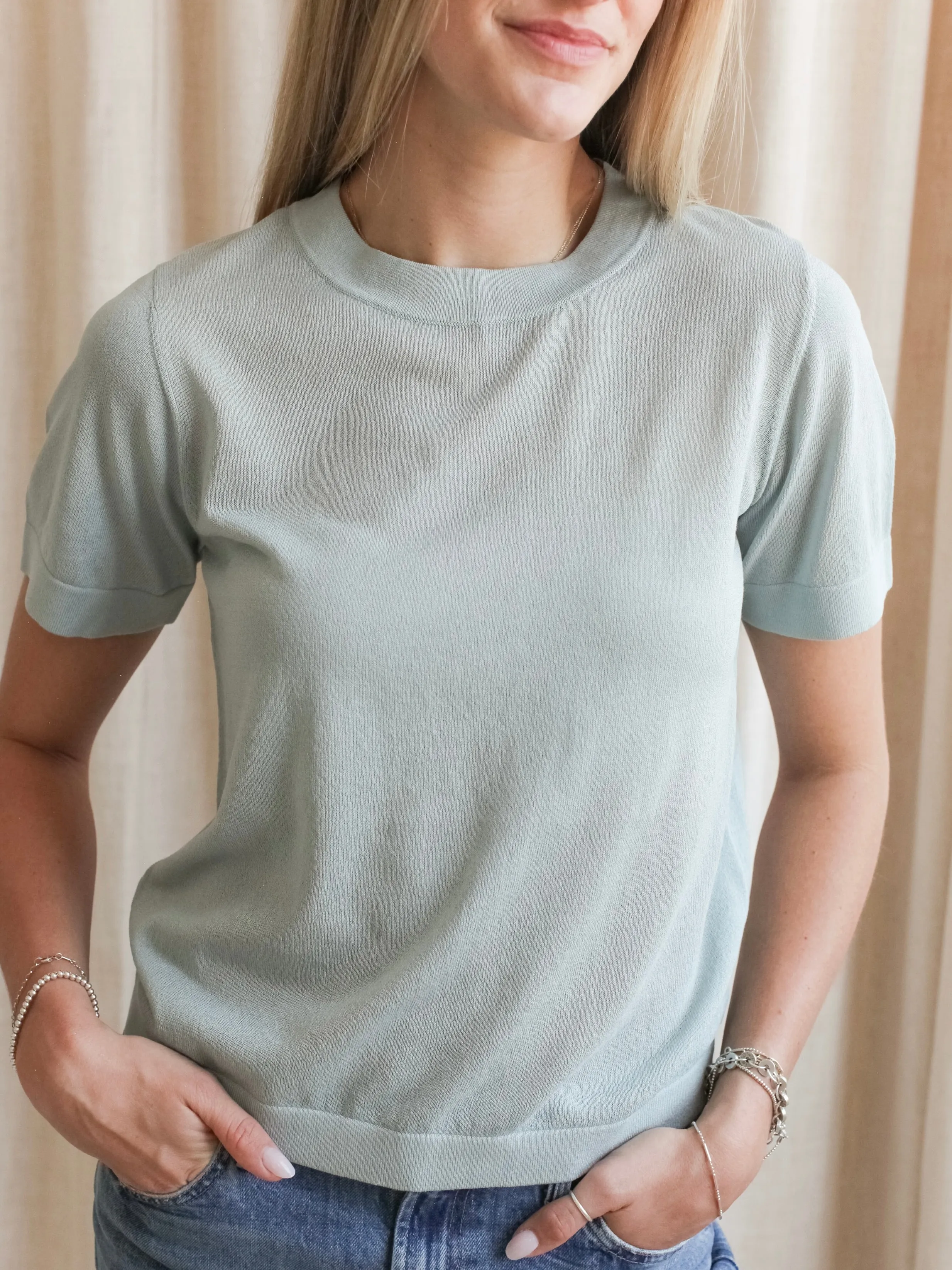 Sustainable Manufacturing AdjustableCuffSystem Emma Knit Tee- Sky