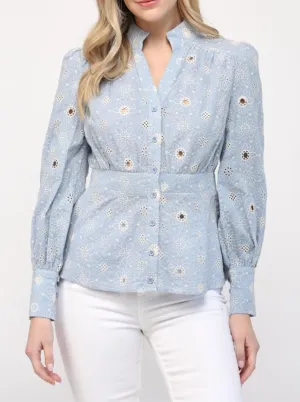 Abrasion Resistant Surface Ventilated Panel Design Sky Embroidered Blouse