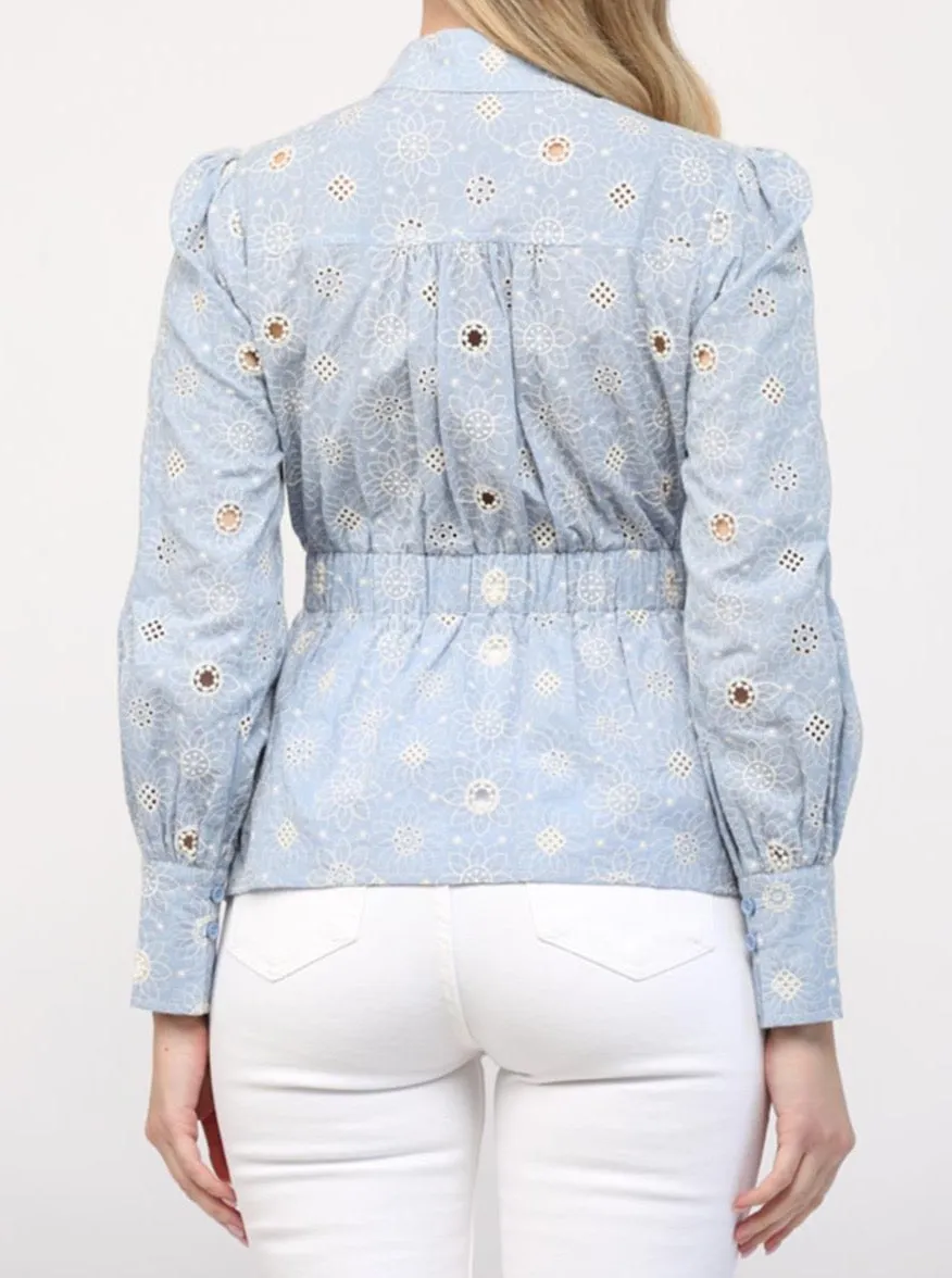 Sky Embroidered Blouse Ergonomic Shoulder Cut Soft Touch Blend