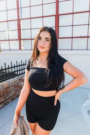 Sleek Ribbed Crop Top- Black HighStretchElastic Weighted Hem