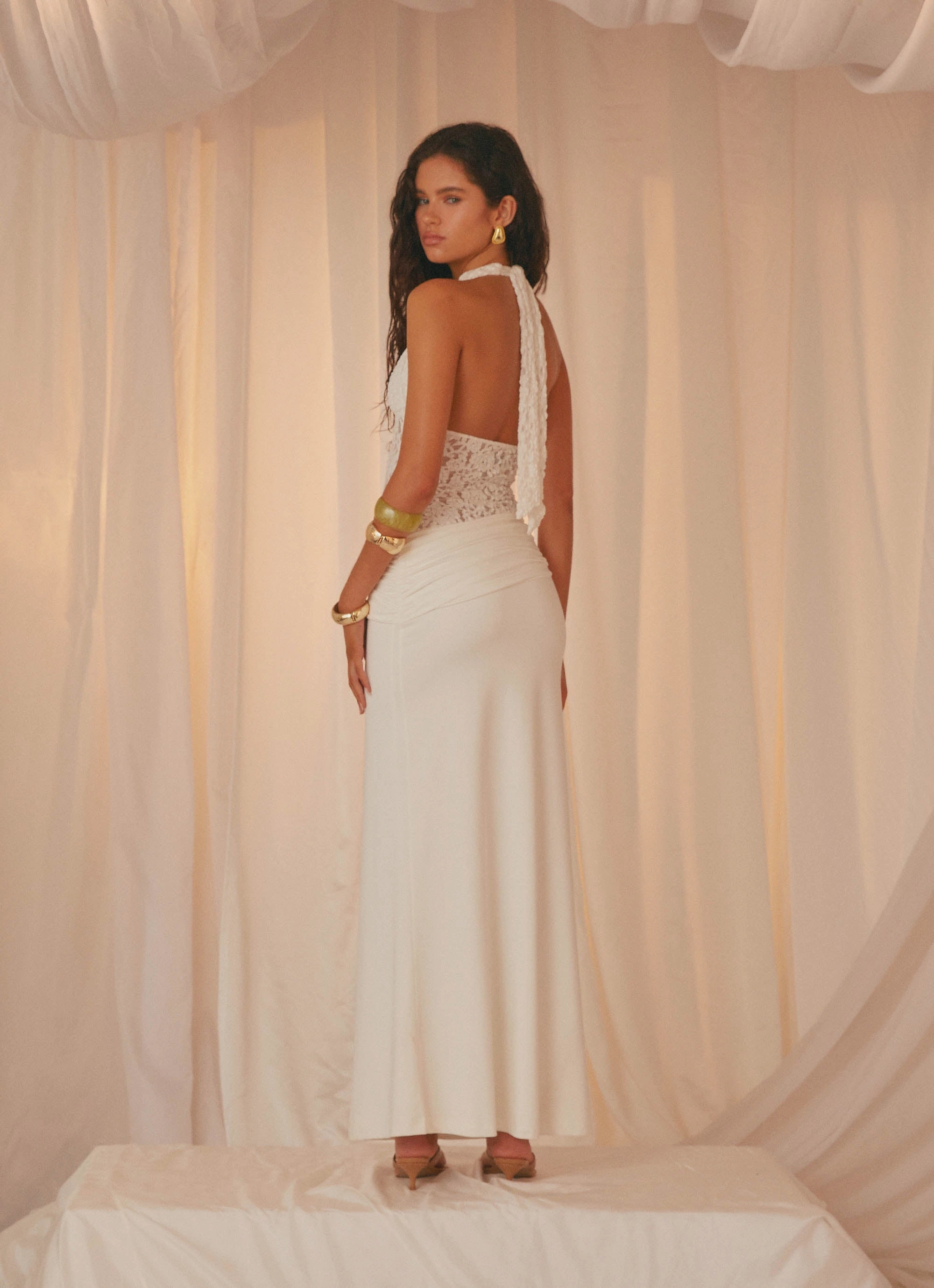 Miri Halter Maxi Dress - Ivory Sleeve Light Lux Look
