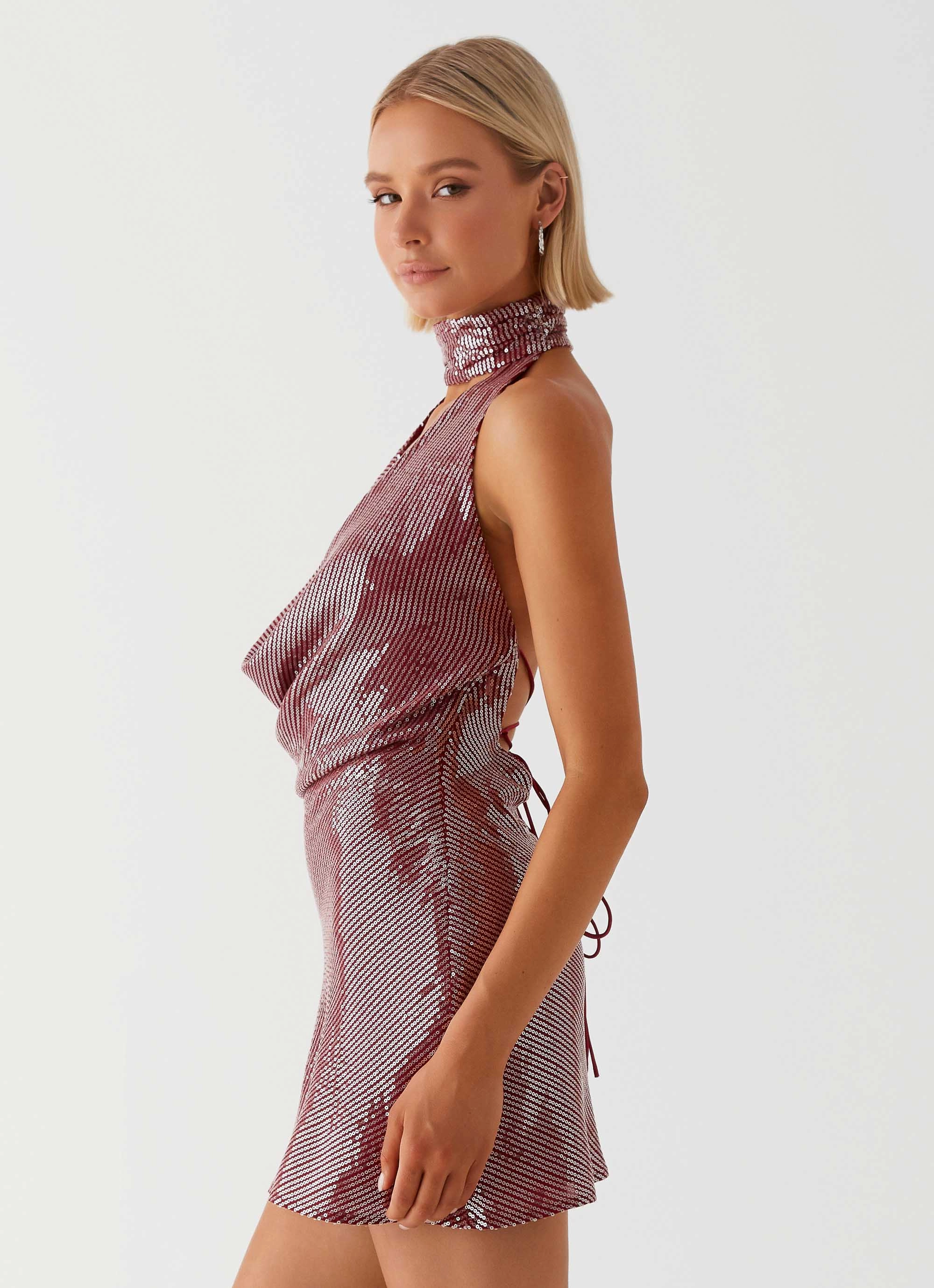 Outfit Display Nora Sequin Cowl Neck Mini Dress - Red