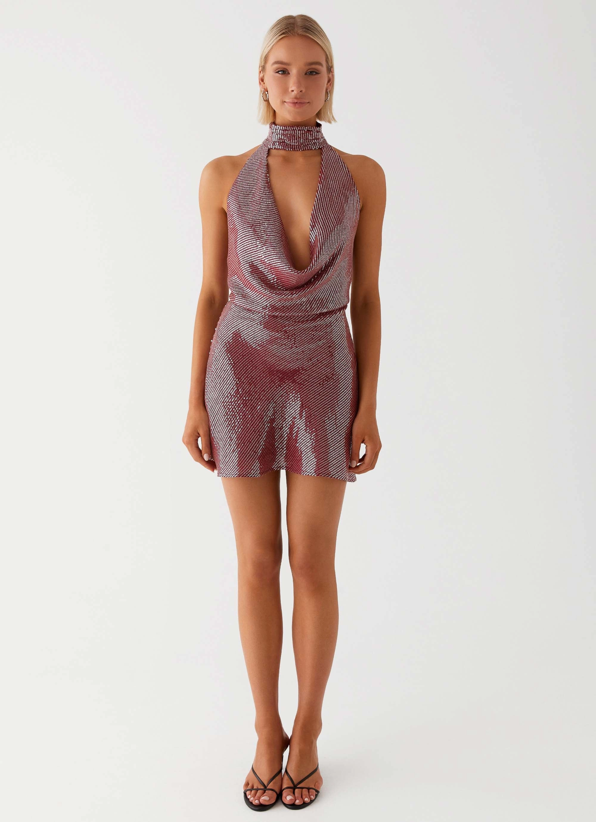 Nora Sequin Cowl Neck Mini Dress - Red Clean Fit Detachable Tie