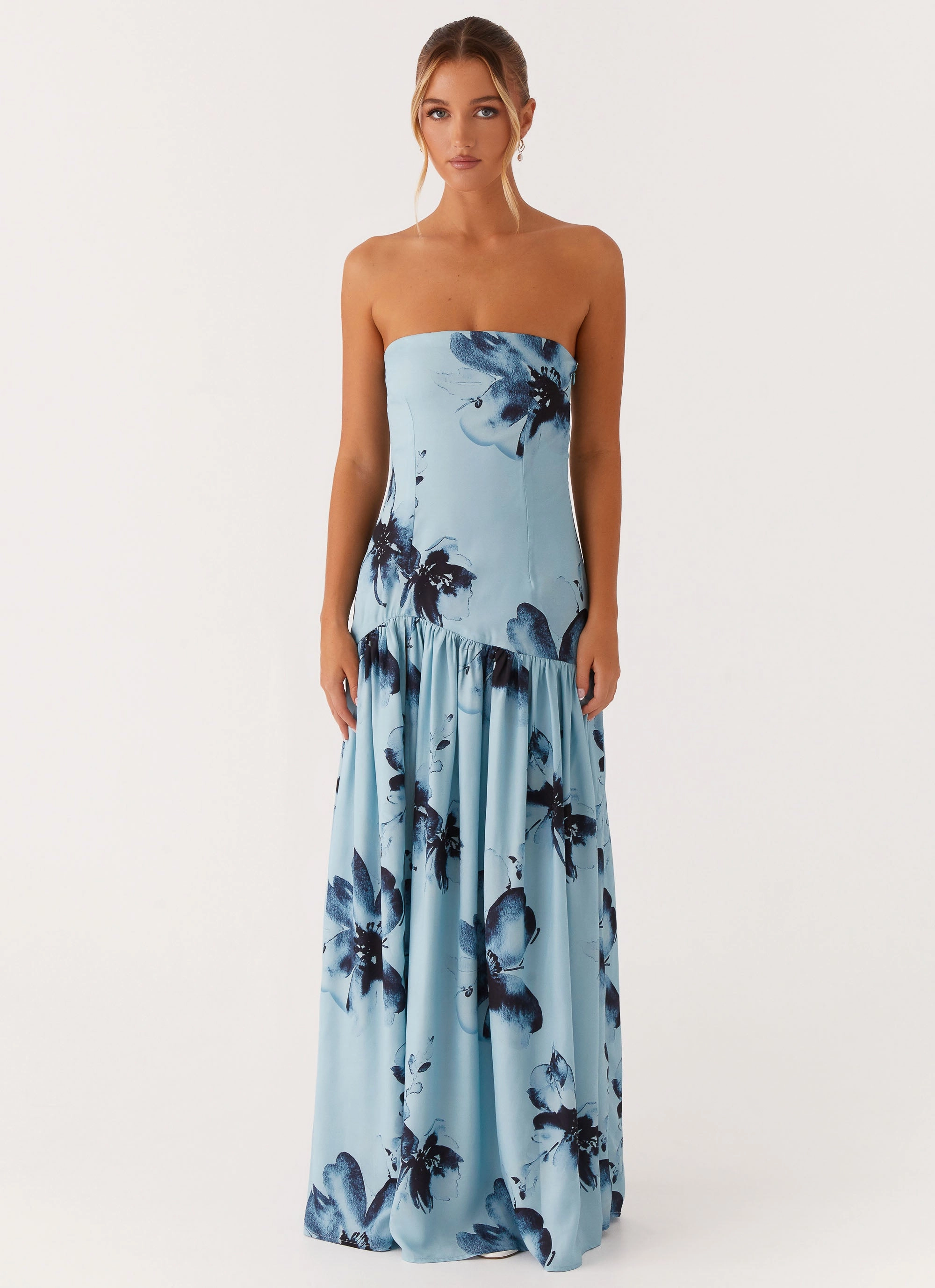 Eden Strapless Maxi Dress - Blue Black Floral Comfy Layers