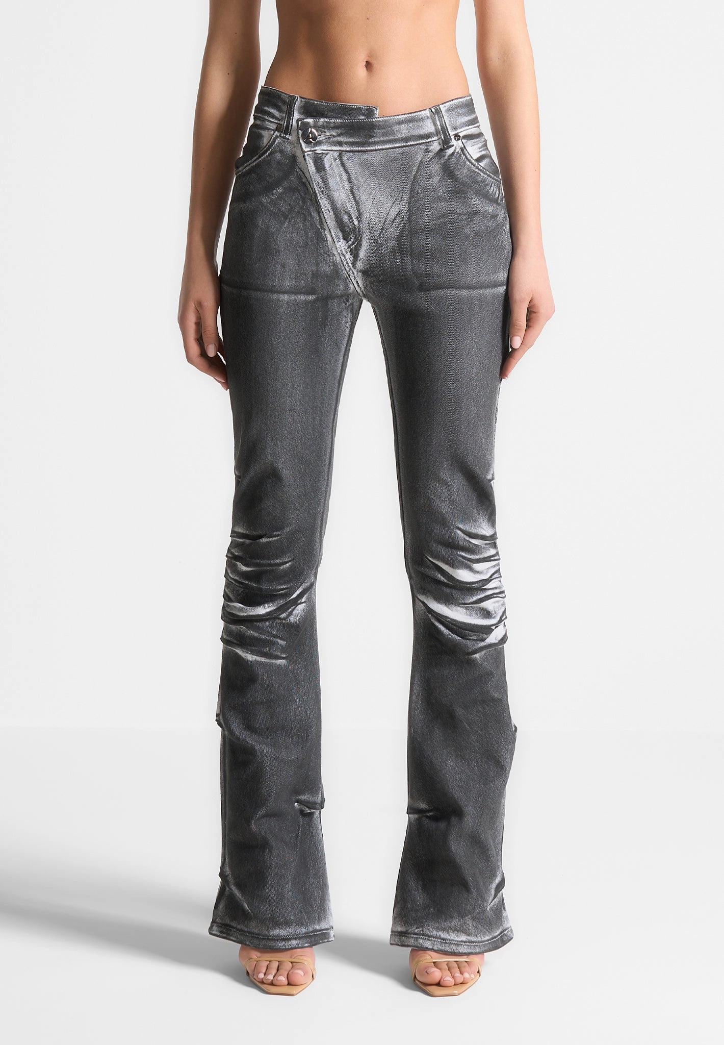 Light Stretch Fashion Uniform Oil Print Tacked Fit and Flare Jeans - White/Grey