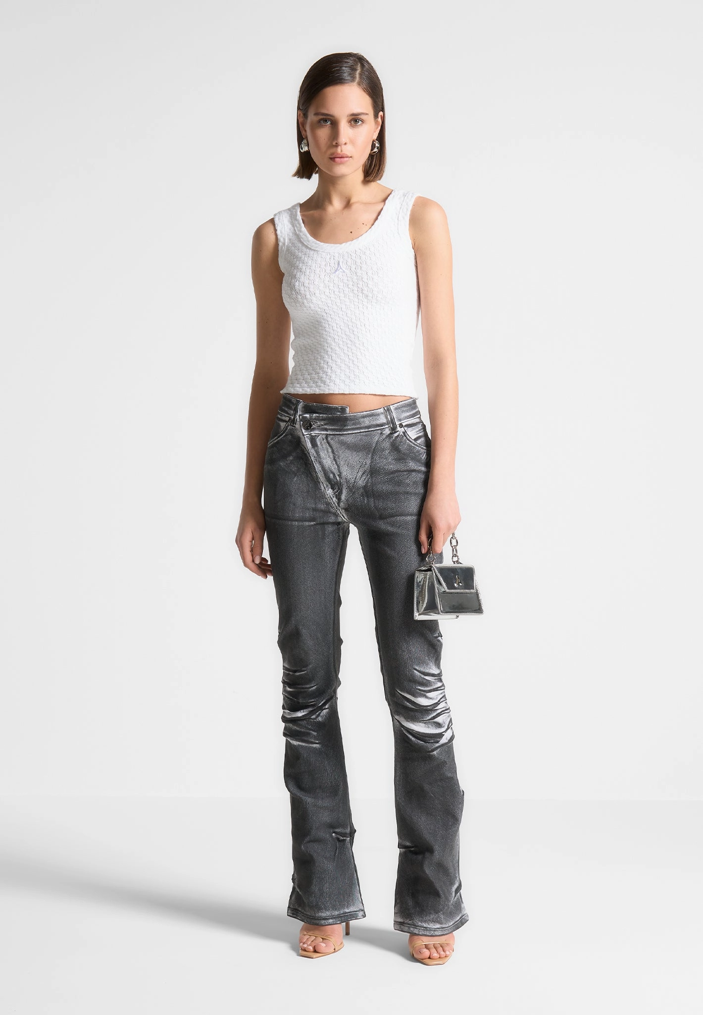 Oil Print Tacked Fit and Flare Jeans - White/Grey Sustainable Trend Setter Versatile