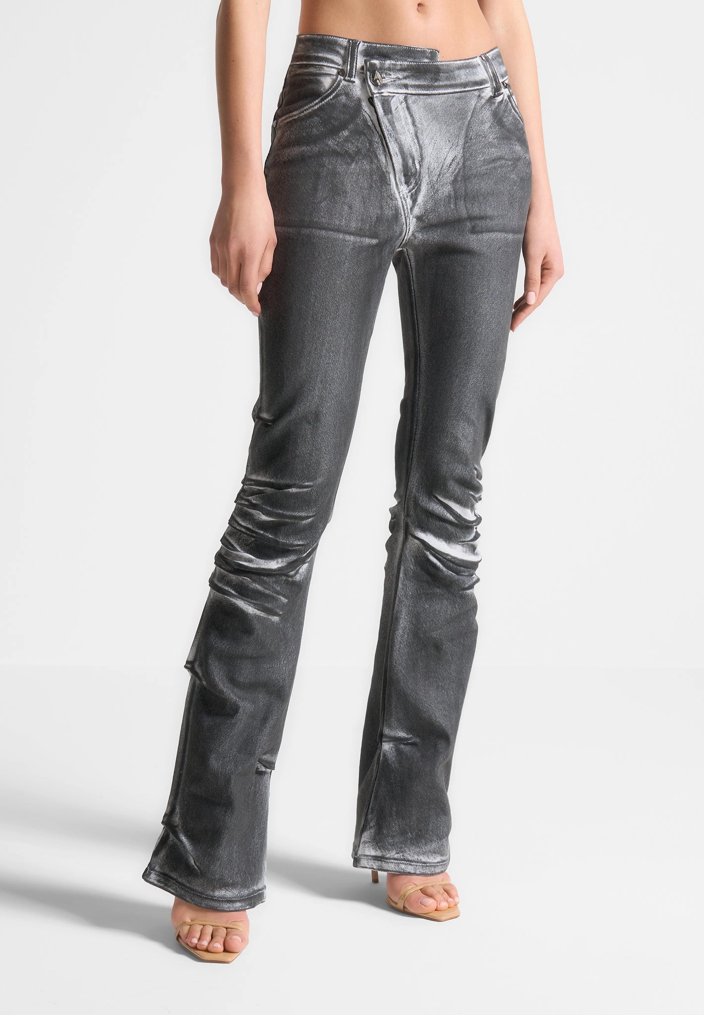 Oil Print Tacked Fit and Flare Jeans - White/Grey Popular Style Sandblasted Finish