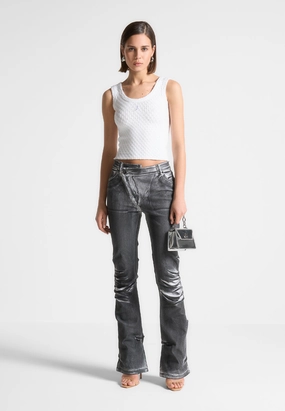 Oil Print Tacked Fit and Flare Jeans - White/Grey Sustainable Trend Setter Versatile