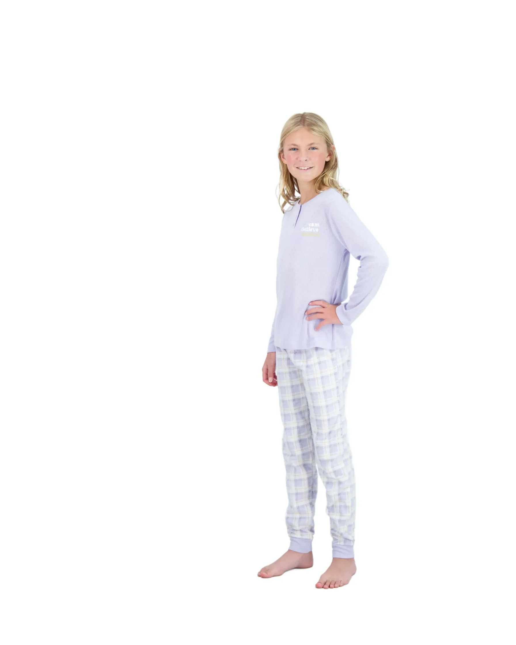 Sleep On It Girls 2-Piece Fleece Pajama Sets- Plaid, Purple & White Pajama Set for Girls