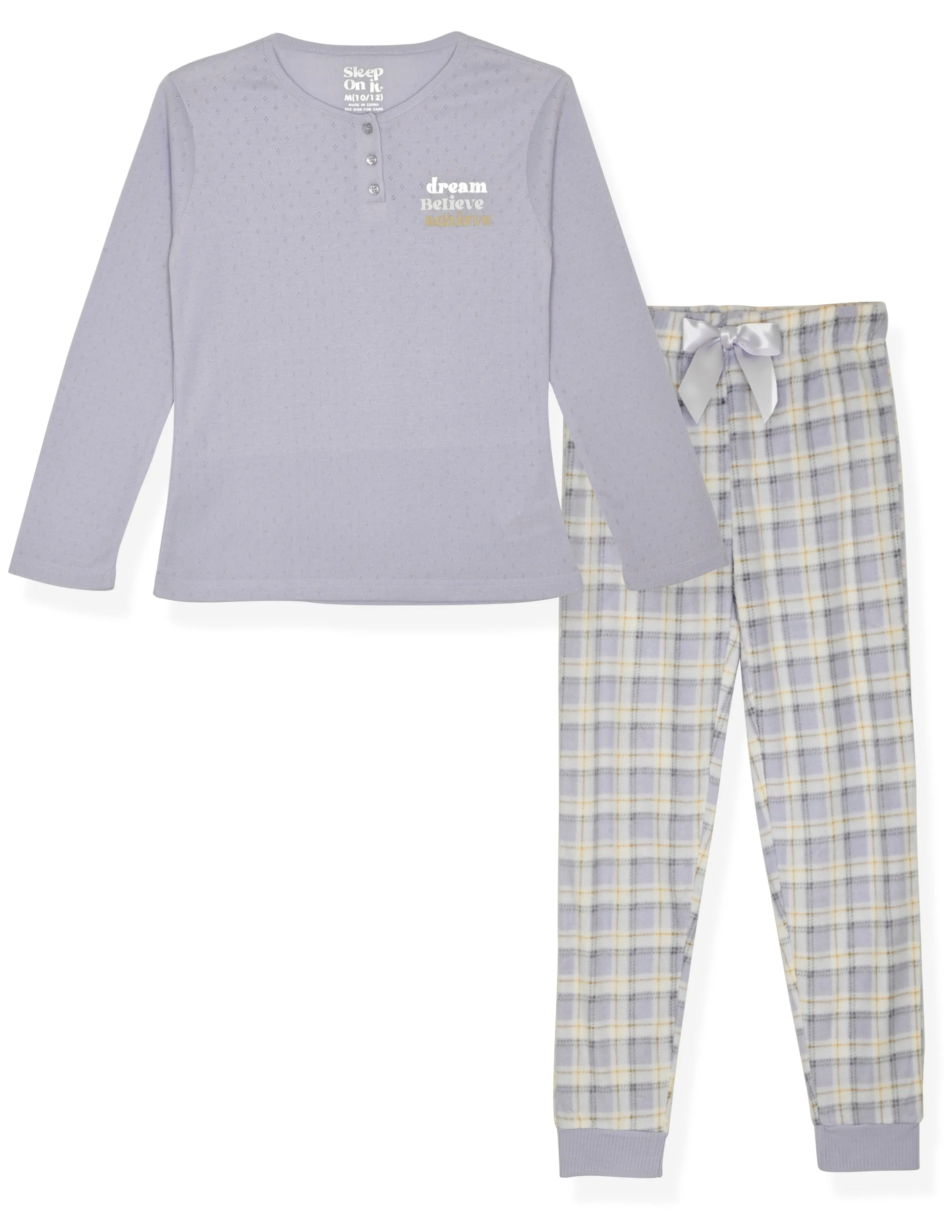Sleep On It Girls 2-Piece Fleece Pajama Sets- Plaid, Purple & White Pajama Set for Girls