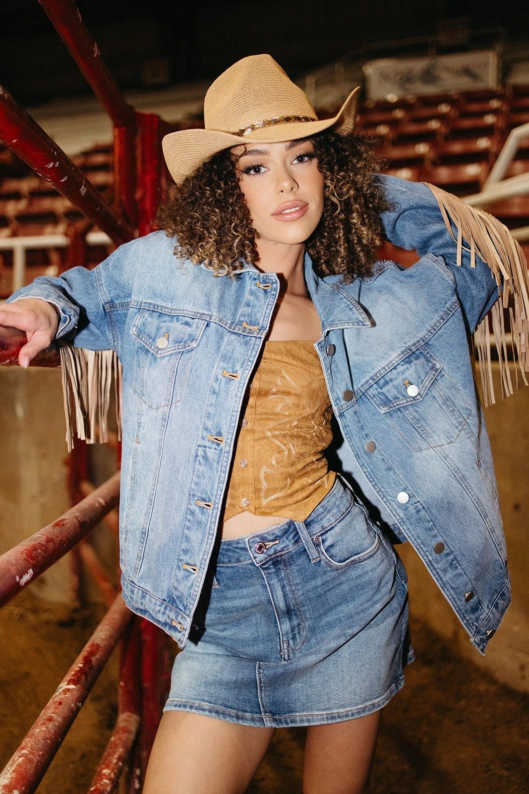 Reflective Accent Trim Sleepy Cowboy Fringed Denim Jacket
