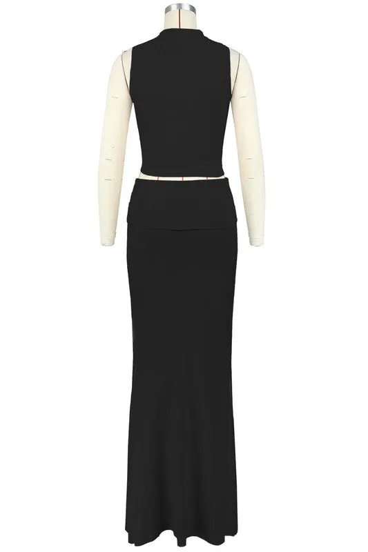 sleeveless round neckline and long maxi skirt set