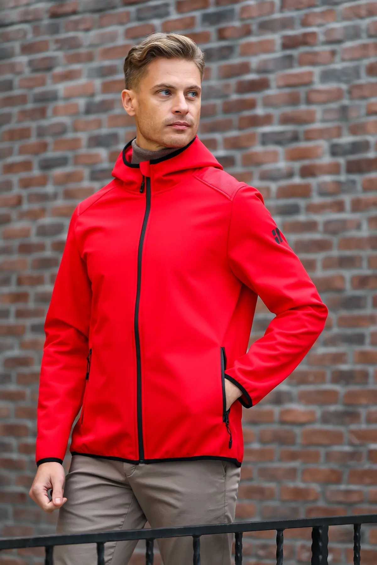 Slim Fit Fleece Apollo Hooded Navy Coat, Red