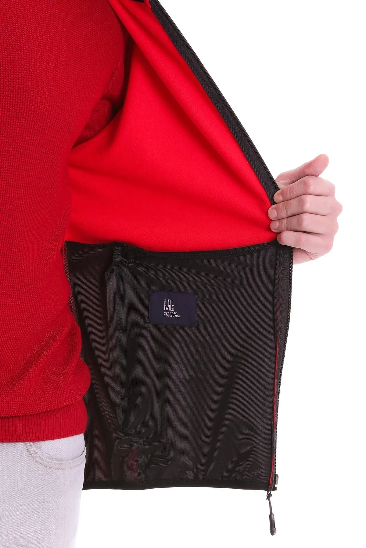 Slim Fit Fleece Apollo Hooded Navy Coat, Red