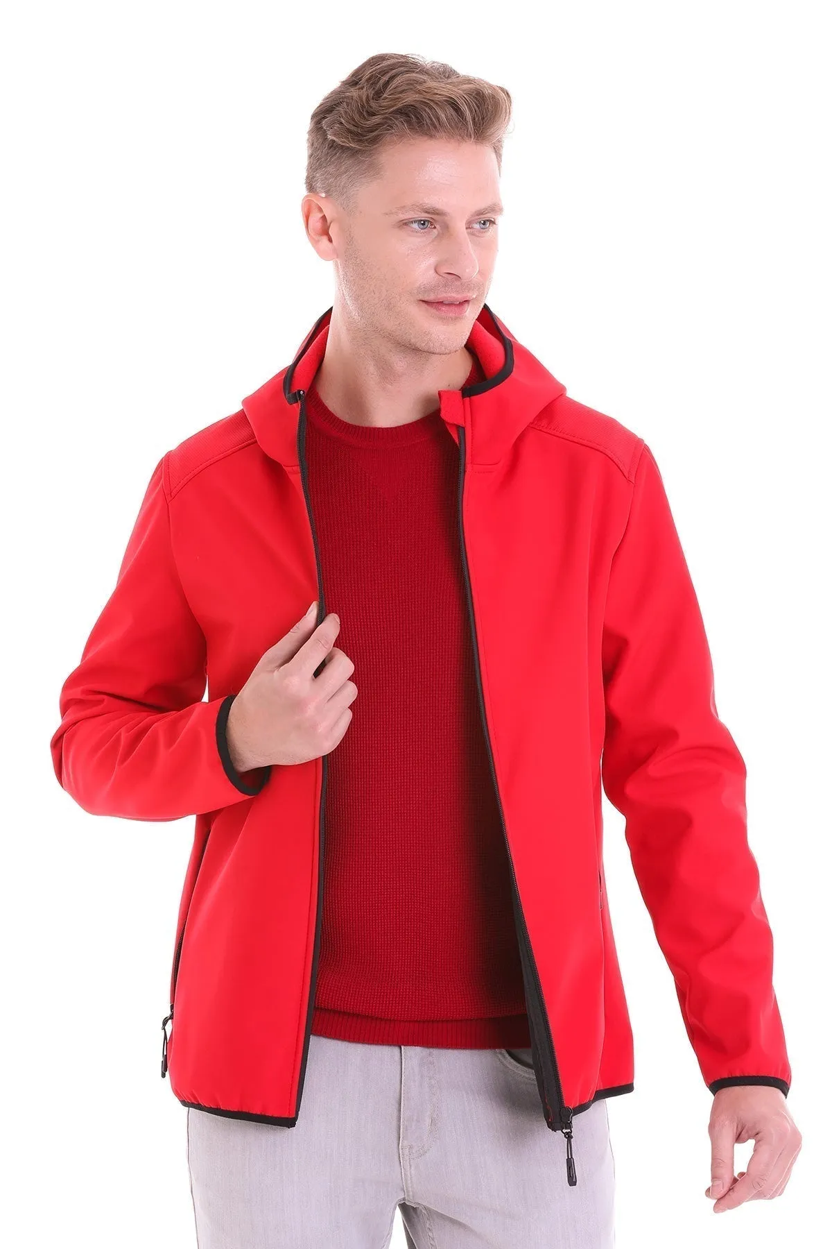 Slim Fit Fleece Apollo Hooded Navy Coat, Red