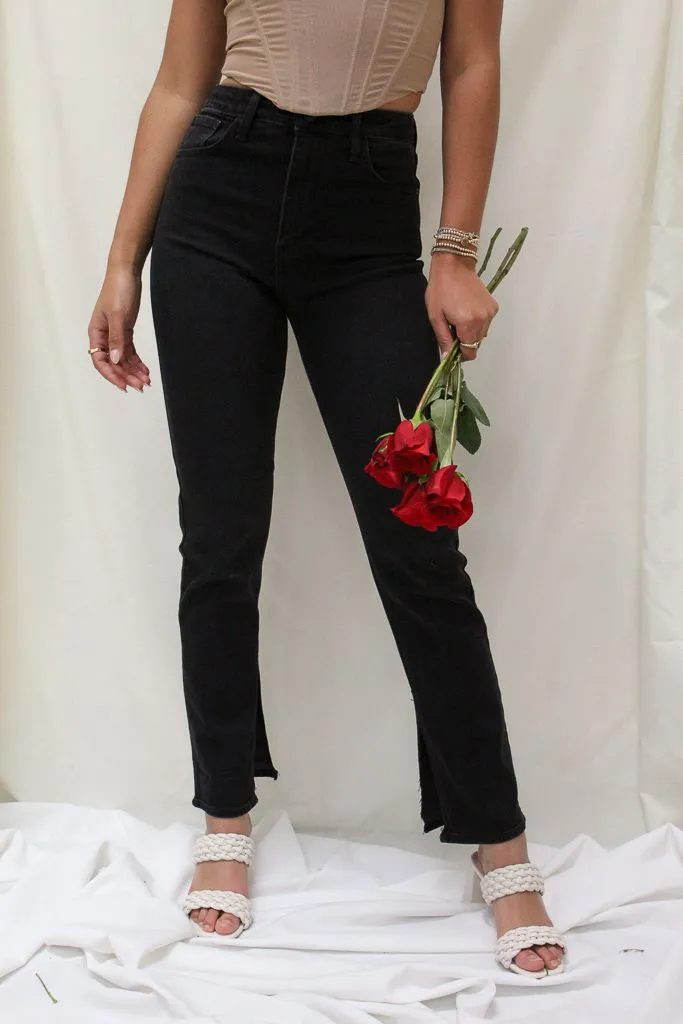 Slim Straight Slit Jeans - Black Comfy Material pilling resistant