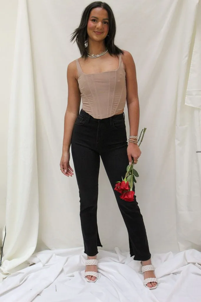 Slim Straight Slit Jeans - Black Layered Panel Design