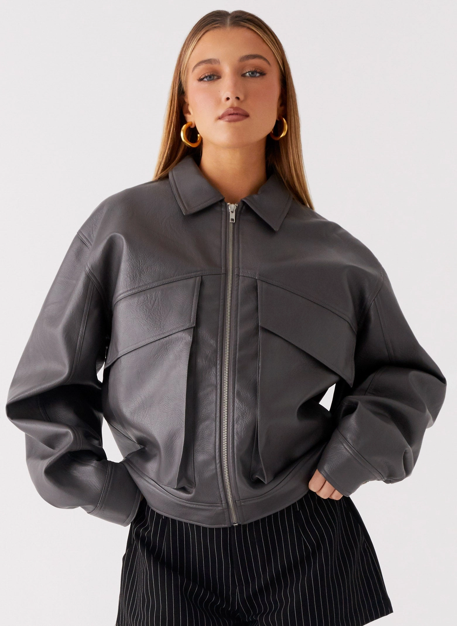 Merchandise Lula Faux Leather Bomber Jacket - Charcoal