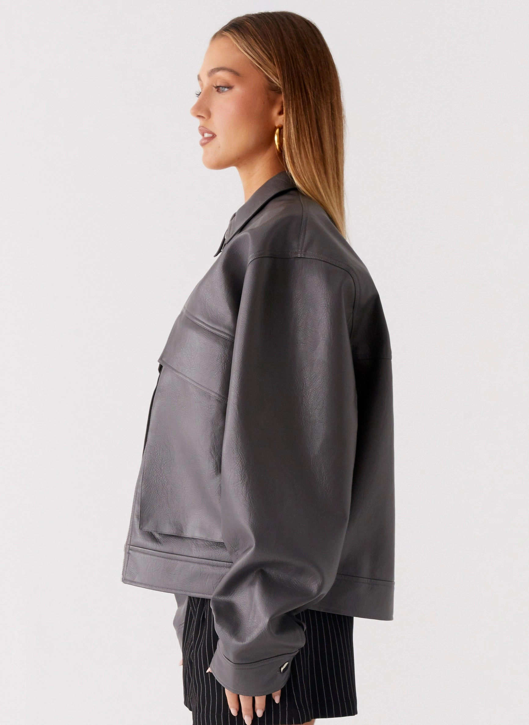 Convertible Sleeve Options Illustrate Lula Faux Leather Bomber Jacket - Charcoal