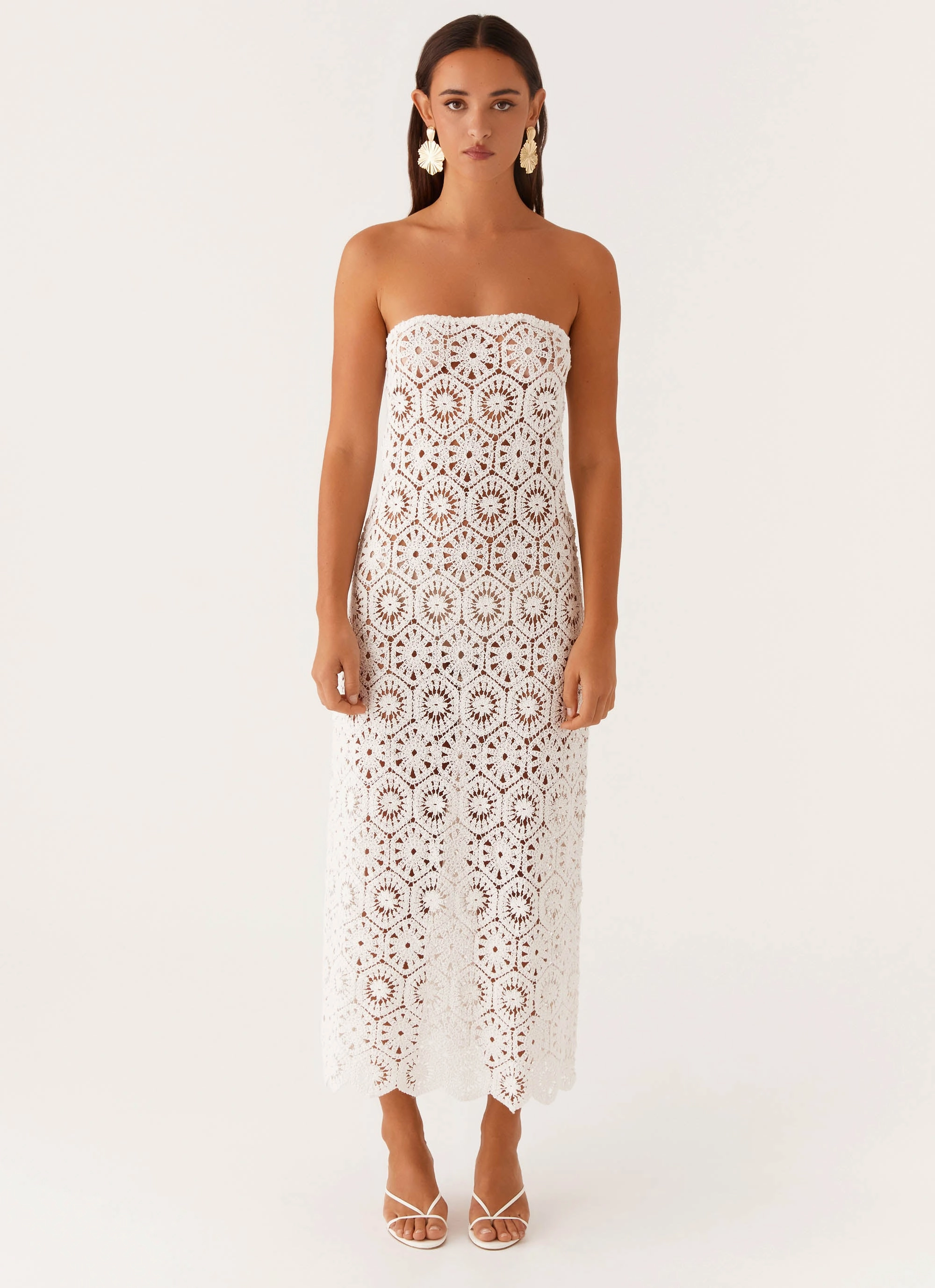 Kingsly Crochet Maxi Dress - White High Waist Classic and Modern