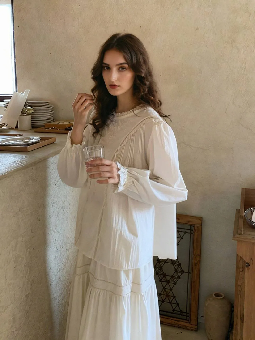 Alia Ruffle Neck Retro Blouse QuickDrying Denim Shirt