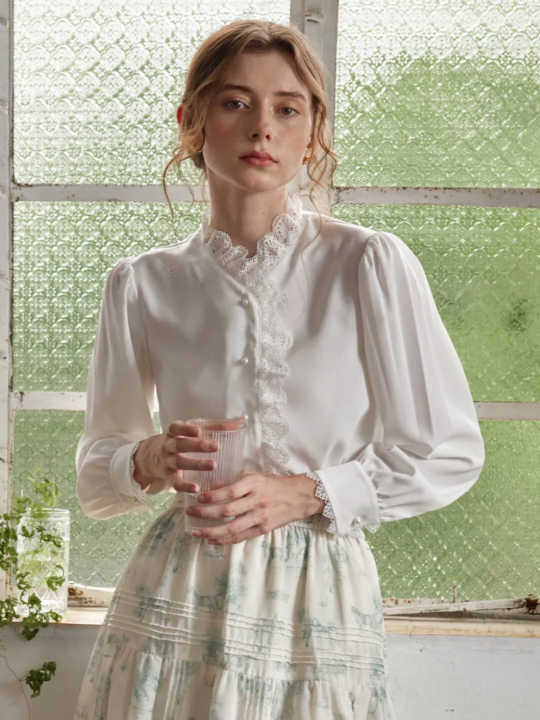 ??Final Sale??Hanna Puff Sleeve White Lace Blouse Heather Effect Finish
