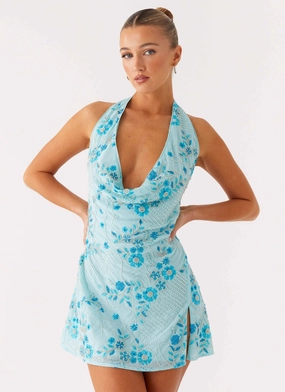 Soft Mood Feminine Charm Cinzia Beaded Mini Dress - Blue