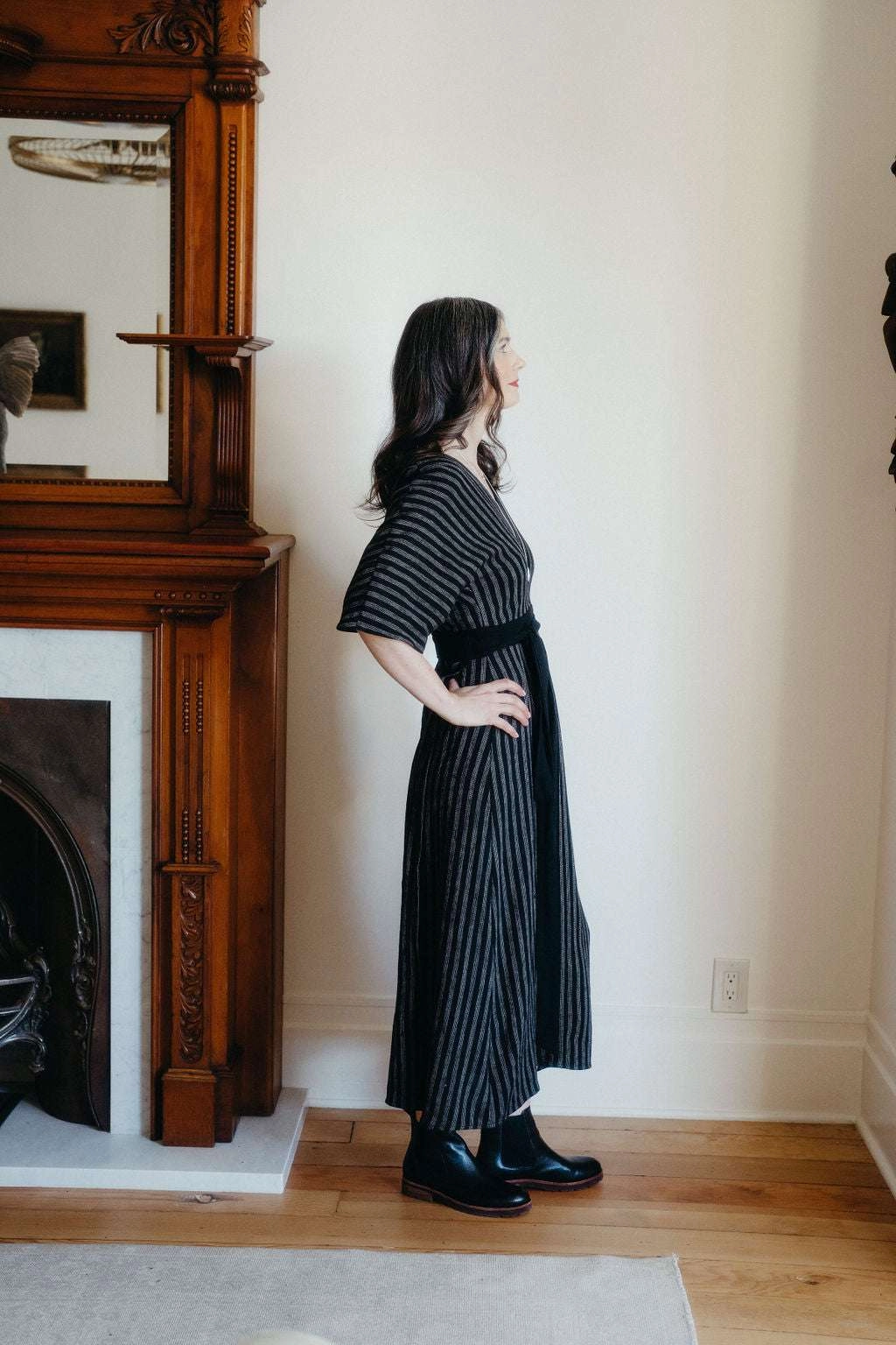 Diana Dress in Black 2 Tone Stripe Cotton Texture Edge