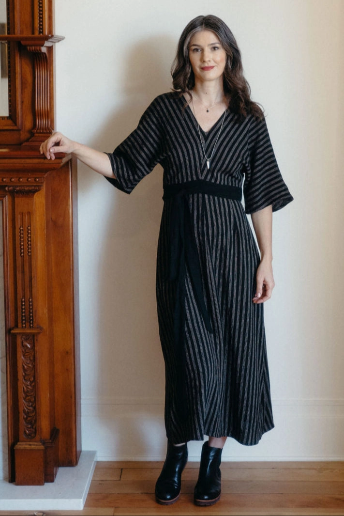 Diana Dress in Black 2 Tone Stripe Cotton Airy Movement