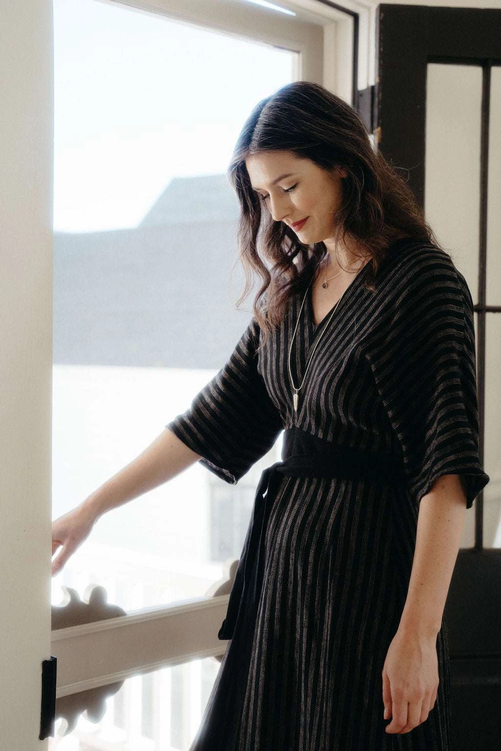 Unlined Look Contrasting Detail Diana Dress in Black 2 Tone Stripe Cotton