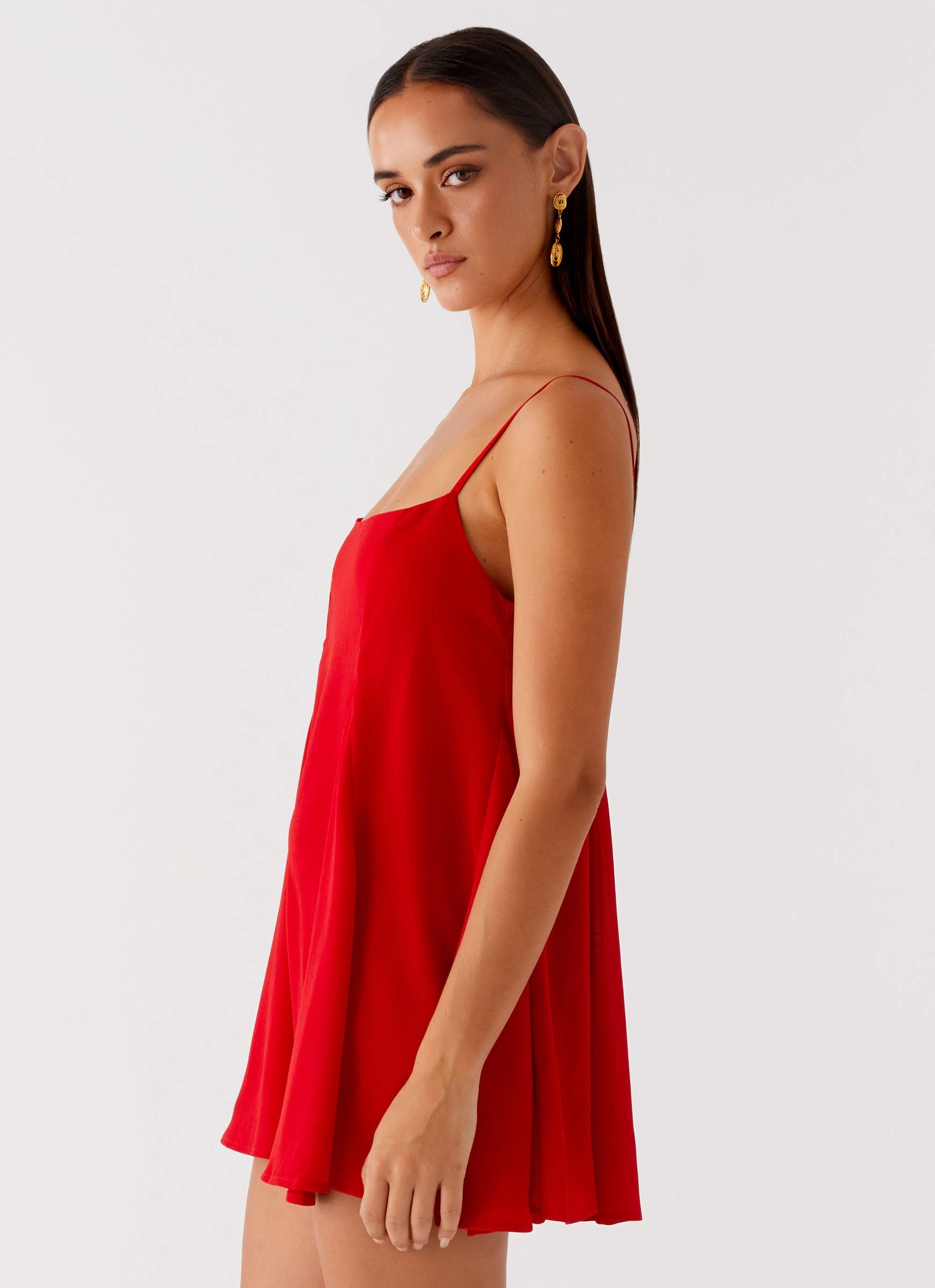 Lined interior Godets Hem Mini Dress - Red