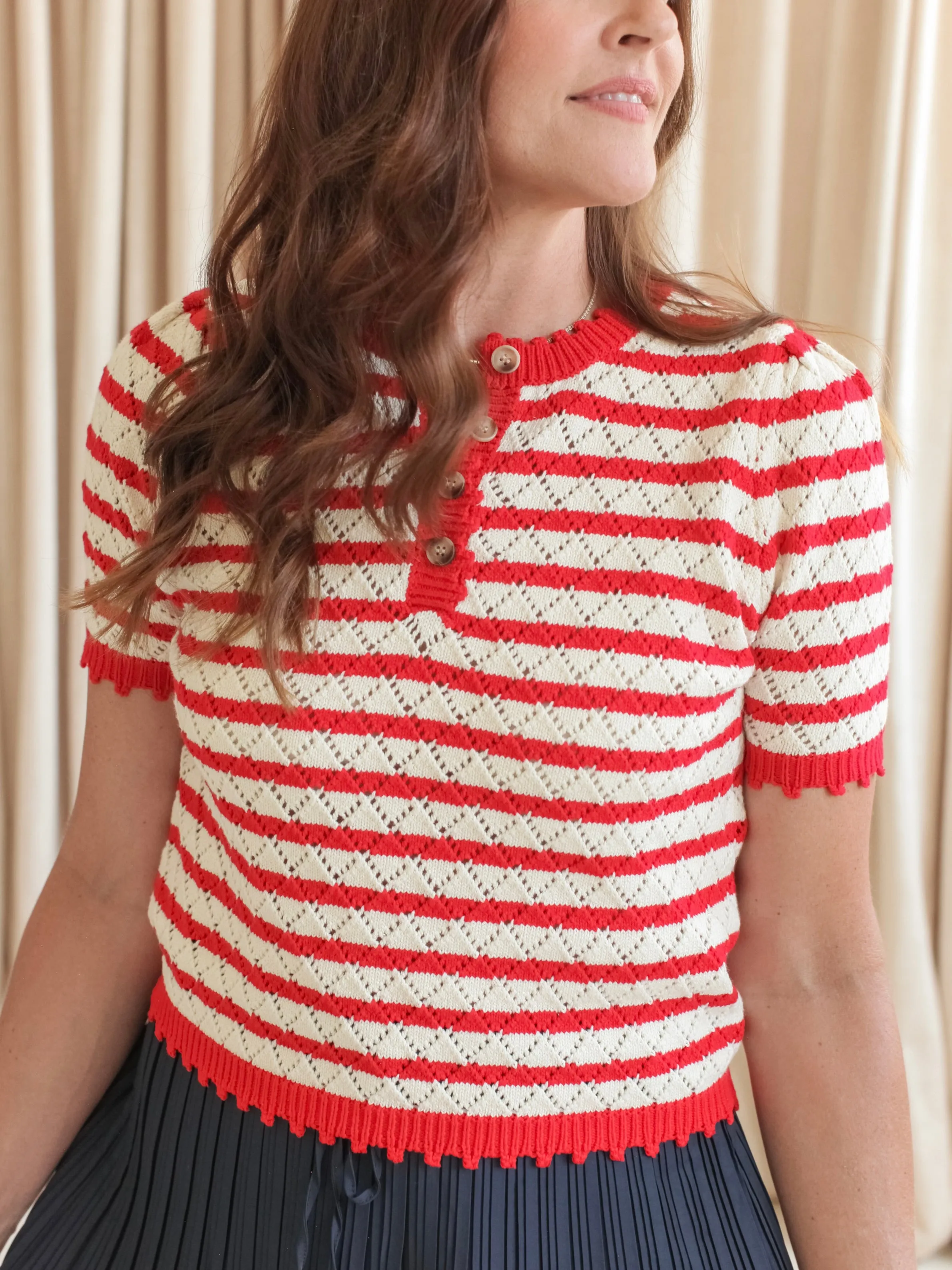 Layered Shoulder Adjustable Collar System Parker Stripe Knit Top - Red