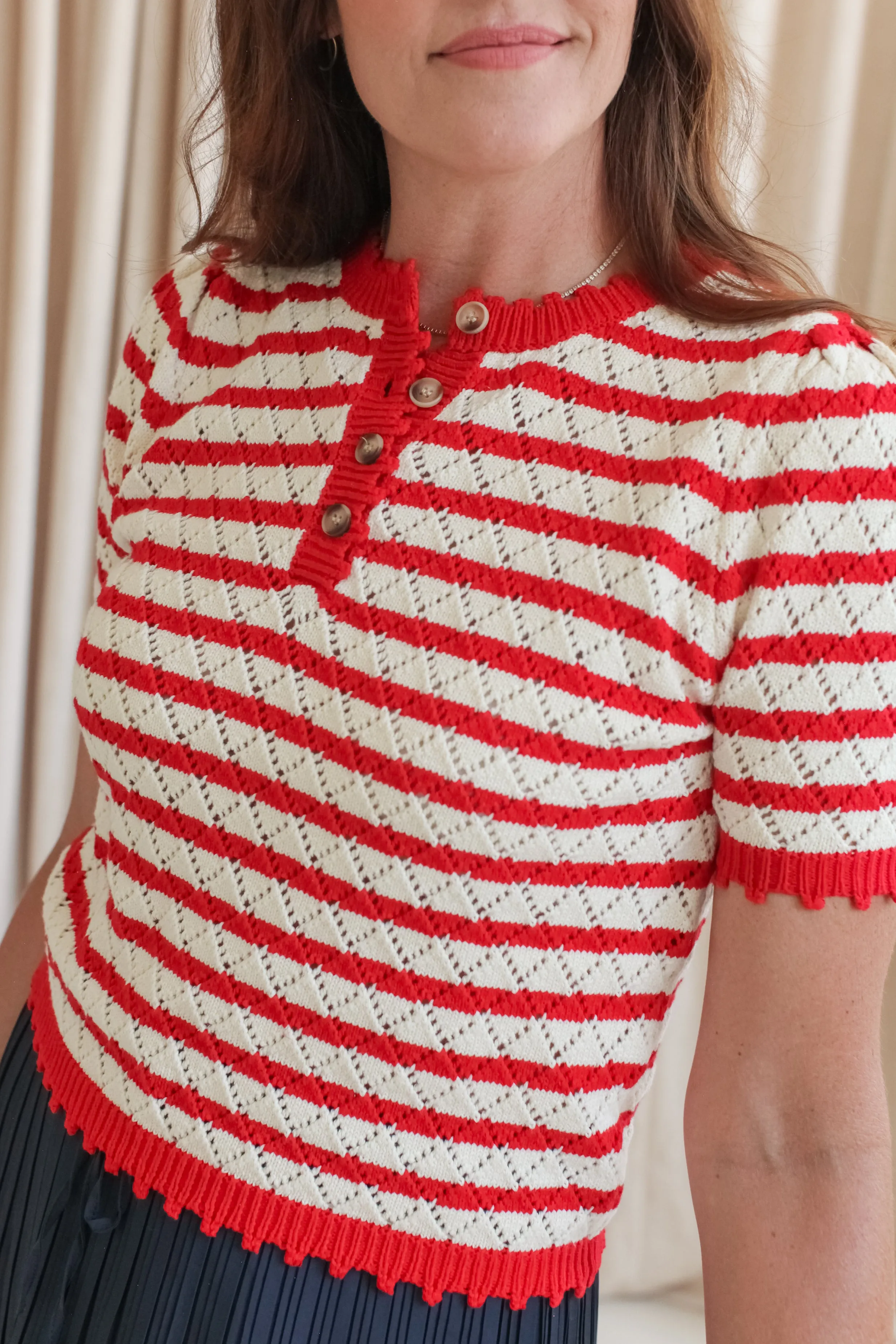 StretchKnit Midweight Texture Parker Stripe Knit Top - Red