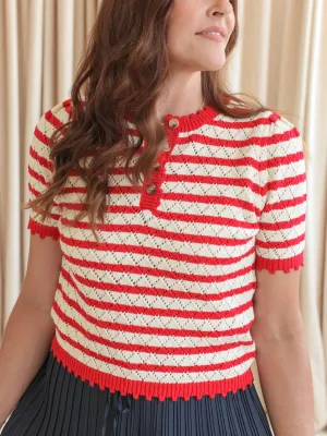 Layered Shoulder Adjustable Collar System Parker Stripe Knit Top - Red