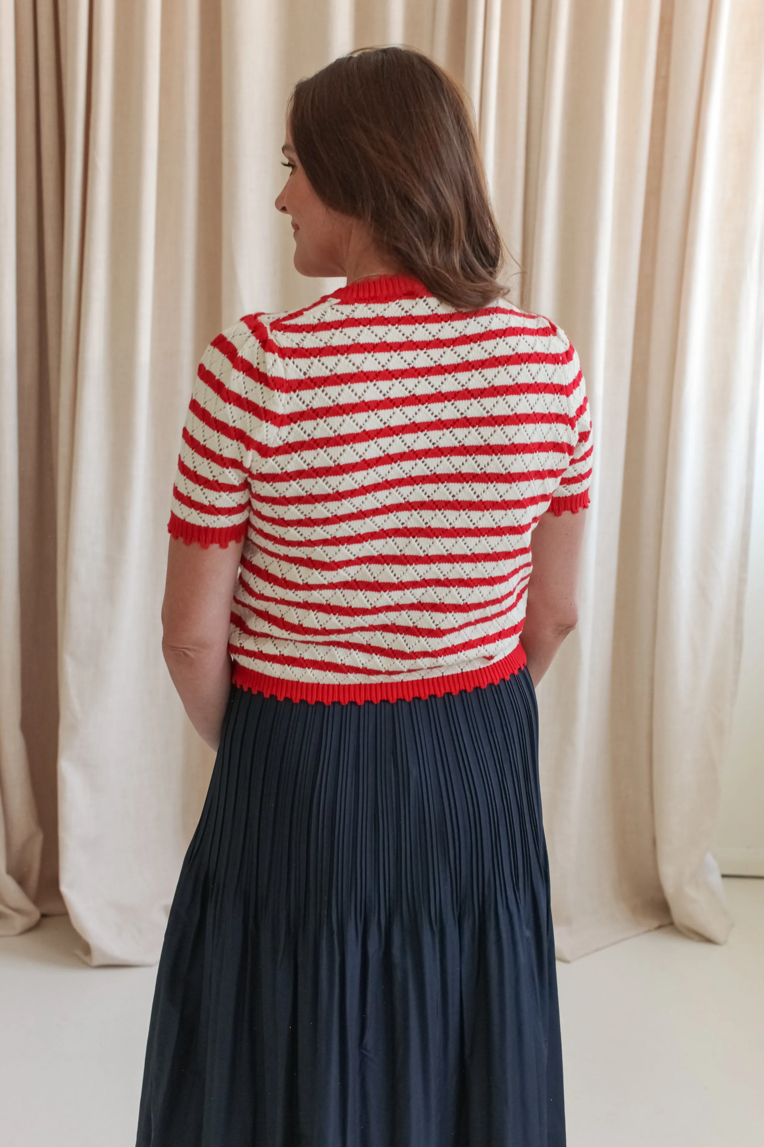 Parker Stripe Knit Top - Red SustainableBlend Trendy Cardigan