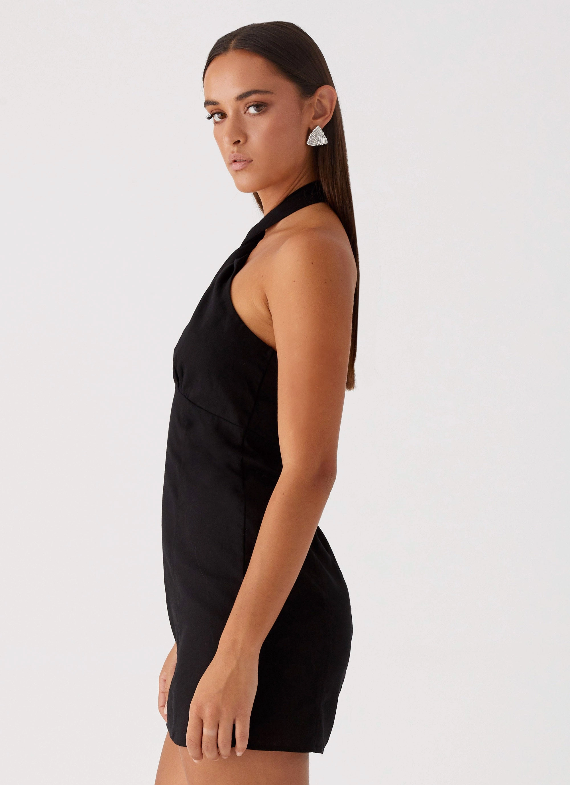 Draped Silhouette Button Fastenings Sabine Linen Mini Dress - Black