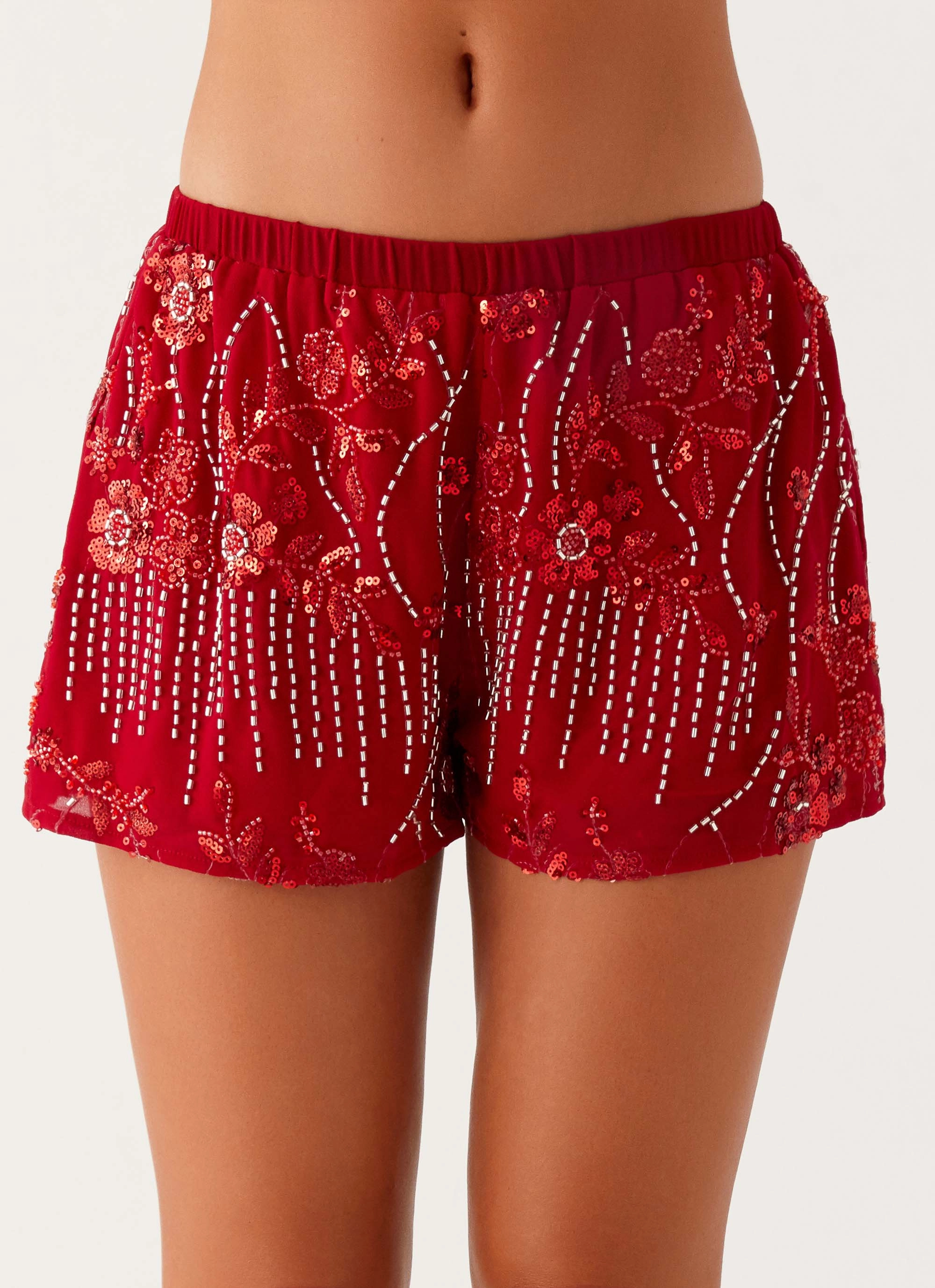 Mercer Sequin Mini Shorts - Red Easy Flex Design