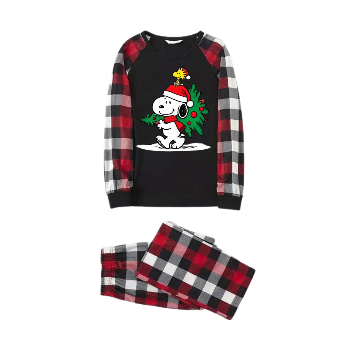 Snoopy Dog Printed Black and Red Plaid Christmas Family Pajama Set
