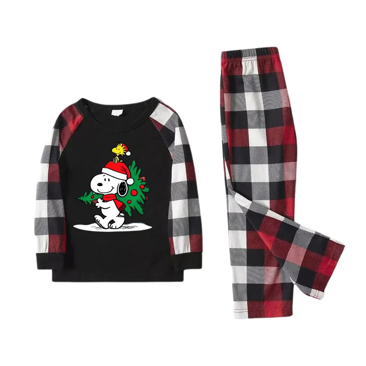 Snoopy Dog Printed Black and Red Plaid Christmas Family Pajama Set