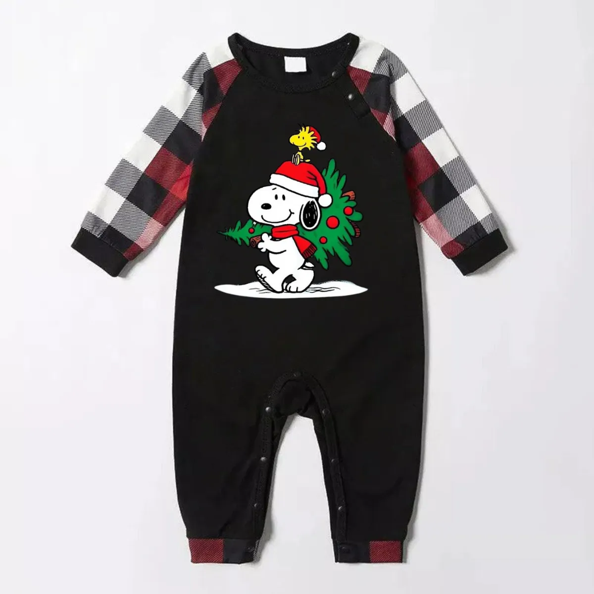 Snoopy Dog Printed Black and Red Plaid Christmas Family Pajama Set
