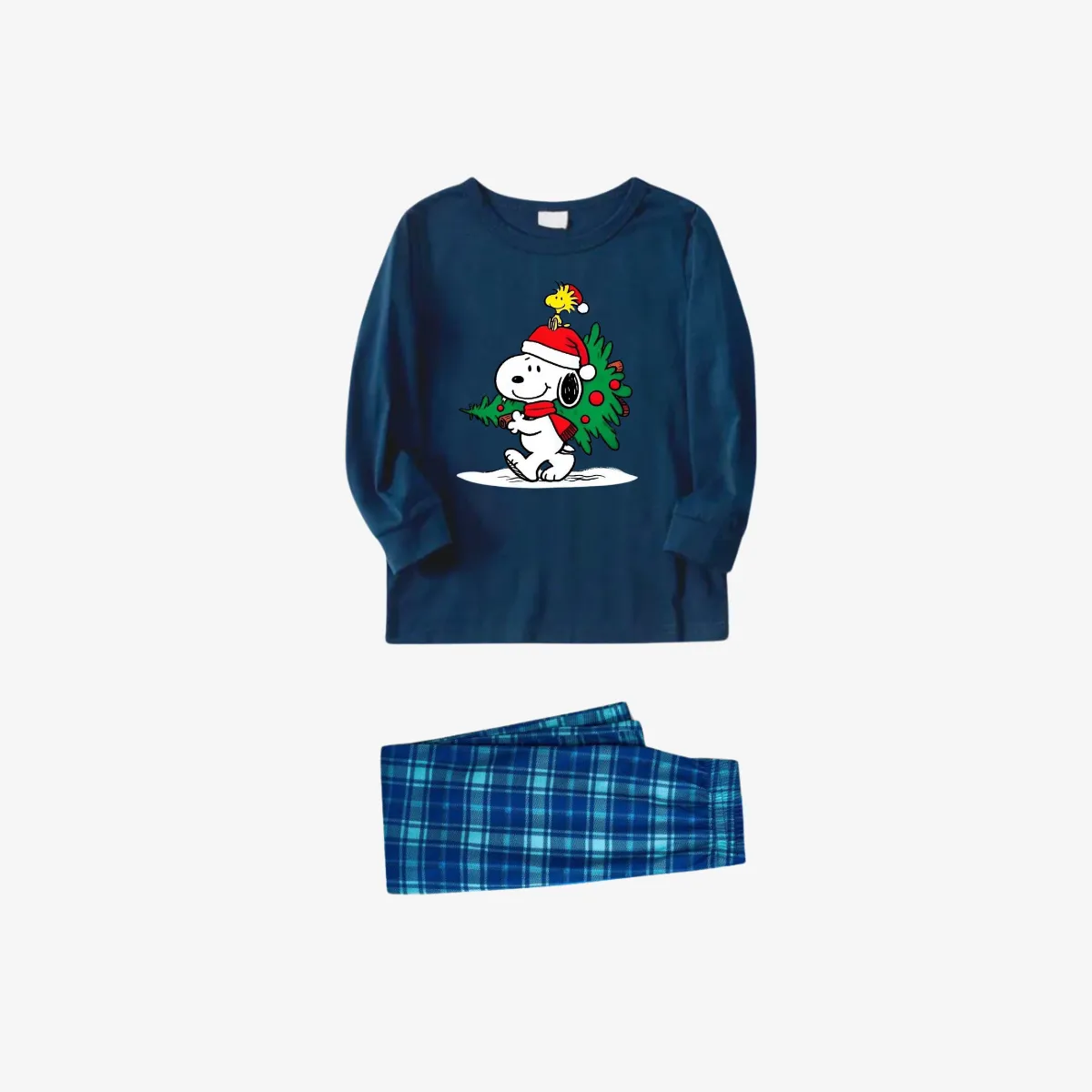 Snoopy Dog Printed Blue Plaid Christmas Family Pajama Set
