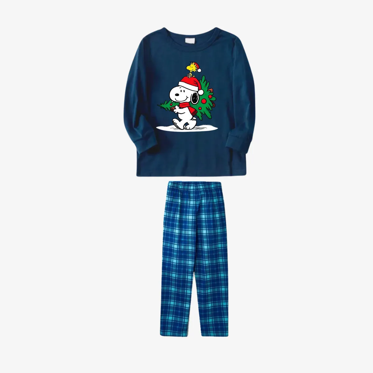 Snoopy Dog Printed Blue Plaid Christmas Family Pajama Set