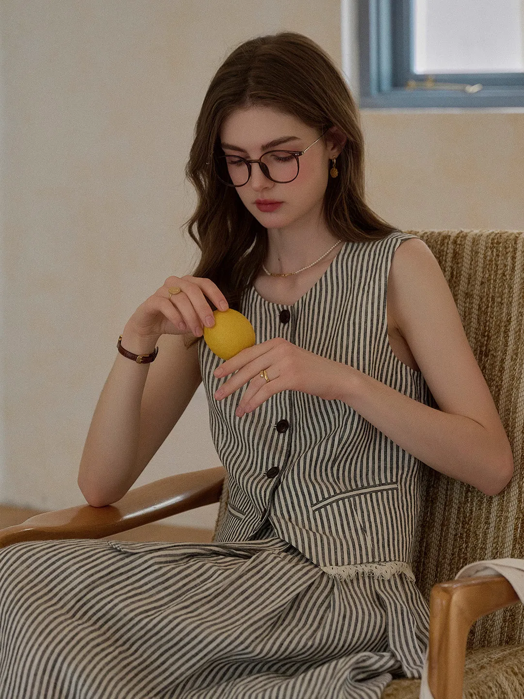 DoubleLayered Collar Sofia Round Neck Stripe 100% Linen Vest