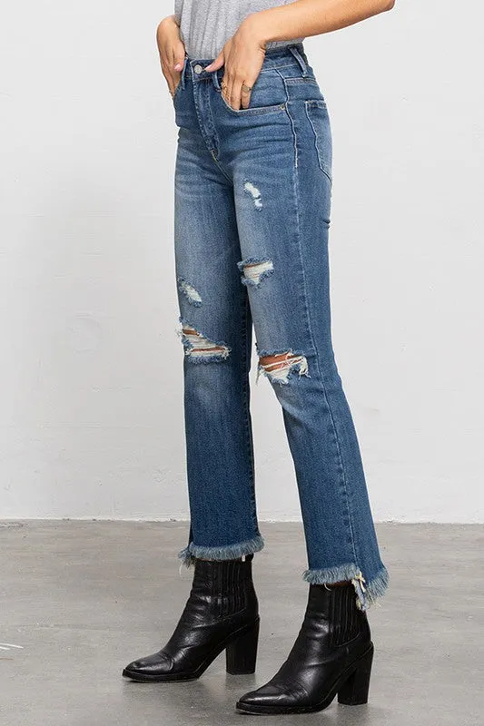 Stretchable Waist High Waisted Frayed Jeans