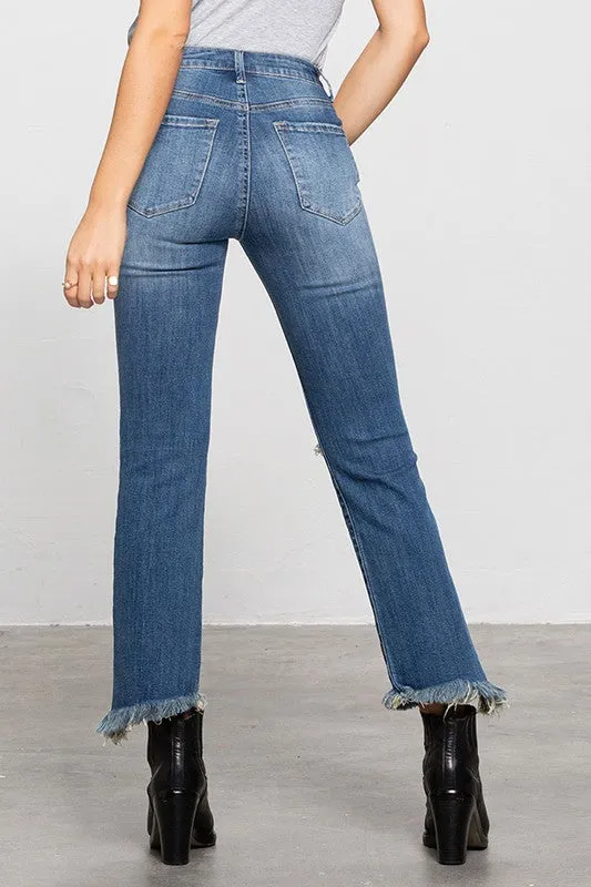 Eco Friendly Dyeing High Waisted Frayed Jeans