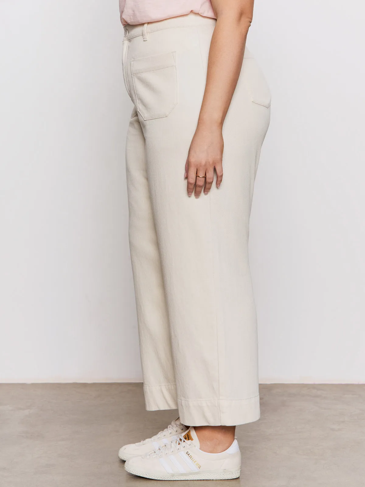 Soft Marine Wide Leg Standard Rise Crop Pant Macrame Extended Sizing Sustainable Material Blend