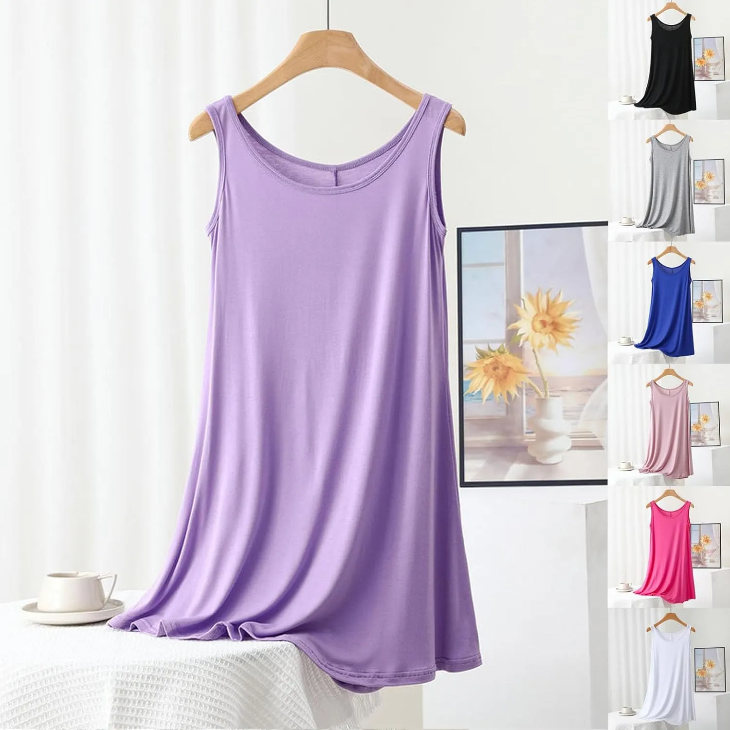 Soft Modal Nightgowns for Women Sleeveless Nightshirt Loose Crewneck Solid Sleepshirt Comfy Pajama Dress