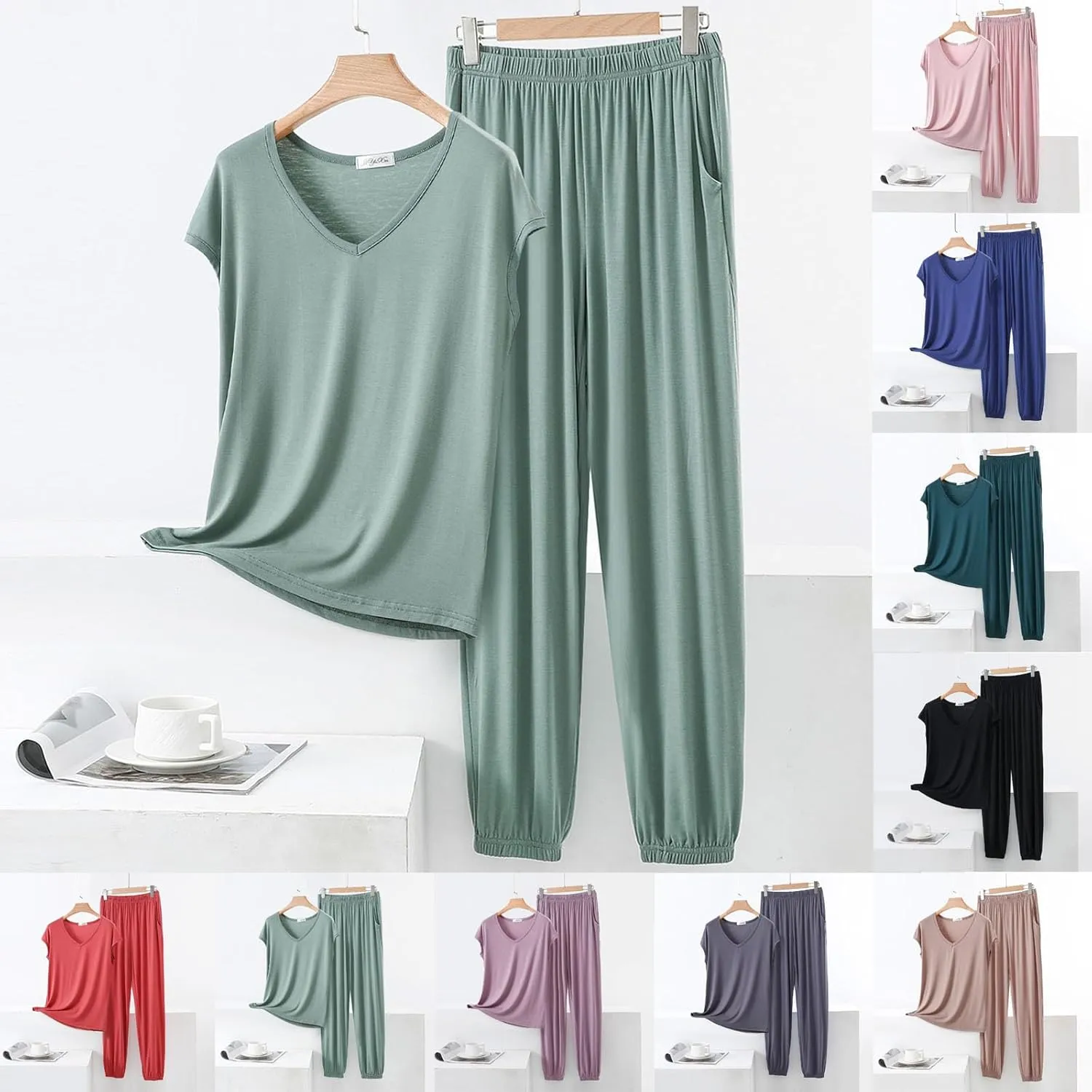 Soft Modal Pajama Sets for Women Summer Loose V Neck Short Sleeve Sleepwear Comfy Pjs Pants Loungewear Set 2 Piece Outfits