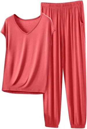 Soft Modal Pajama Sets for Women Summer Loose V Neck Short Sleeve Sleepwear Comfy Pjs Pants Loungewear Set 2 Piece Outfits